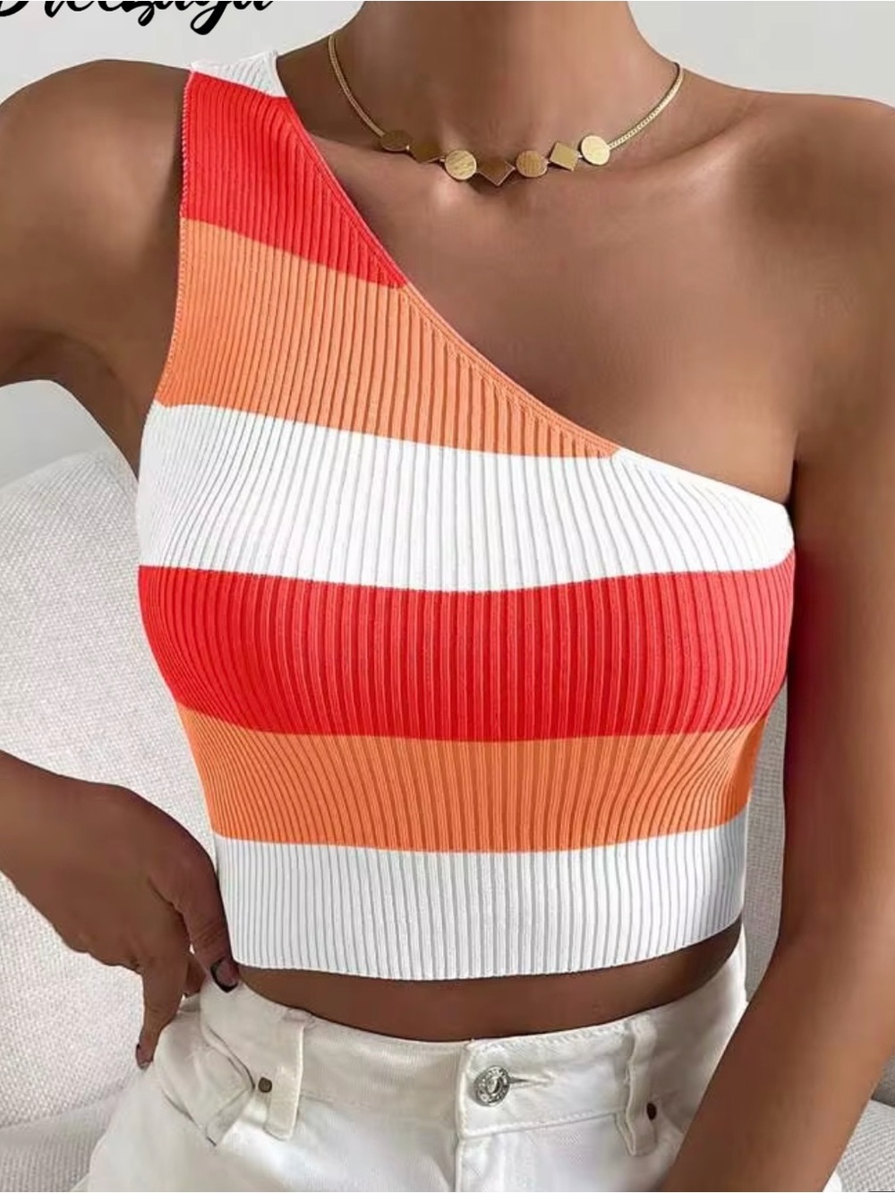 Orange Striped One Shoulder Knit Top M Retro 70s Y2K Colorblock